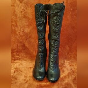 Black Lace-Up Leather Women's Heel Boots